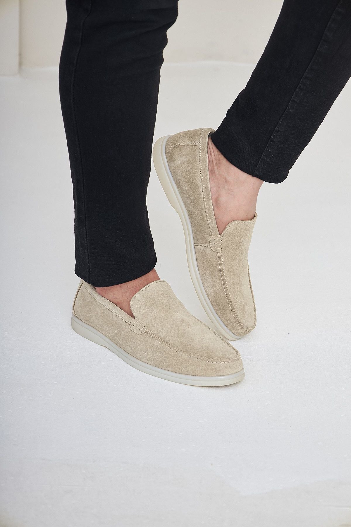 Hakiki Süet Erkek Düz Loafer 500911 Bej
