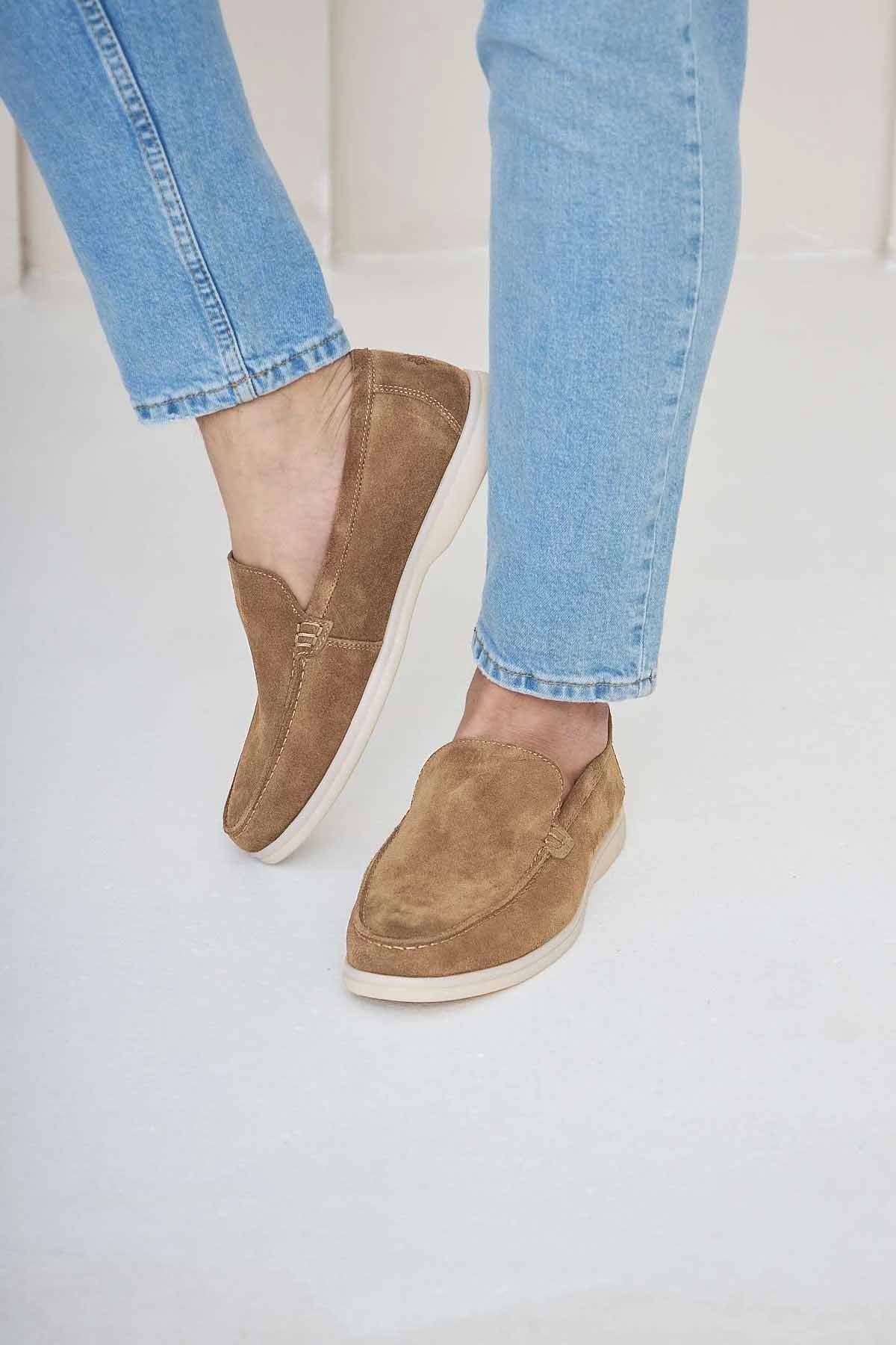 Hakiki Süet Erkek Düz Loafer 500911 Sahra