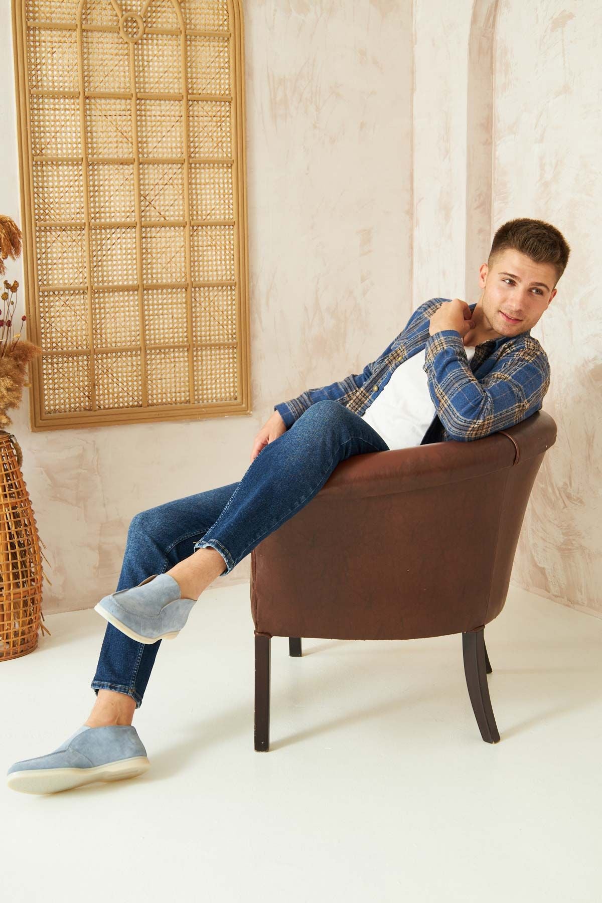 Hakiki Süet Erkek Loafer Bot 500912 Açık Mavi