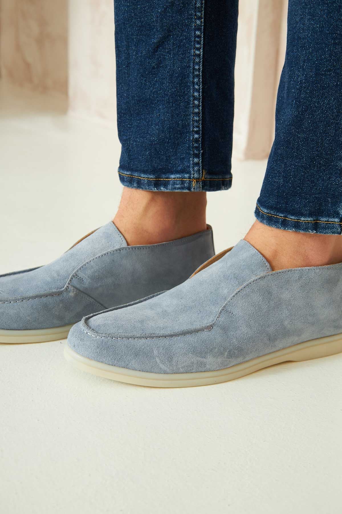 Hakiki Süet Erkek Loafer Bot 500912 Açık Mavi
