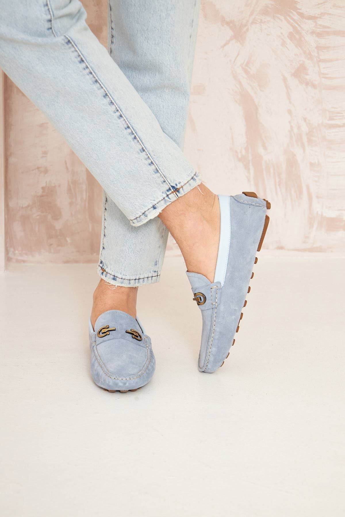 Hakiki Süet Erkek Tokalı Loafer 500909 Açık Mavi