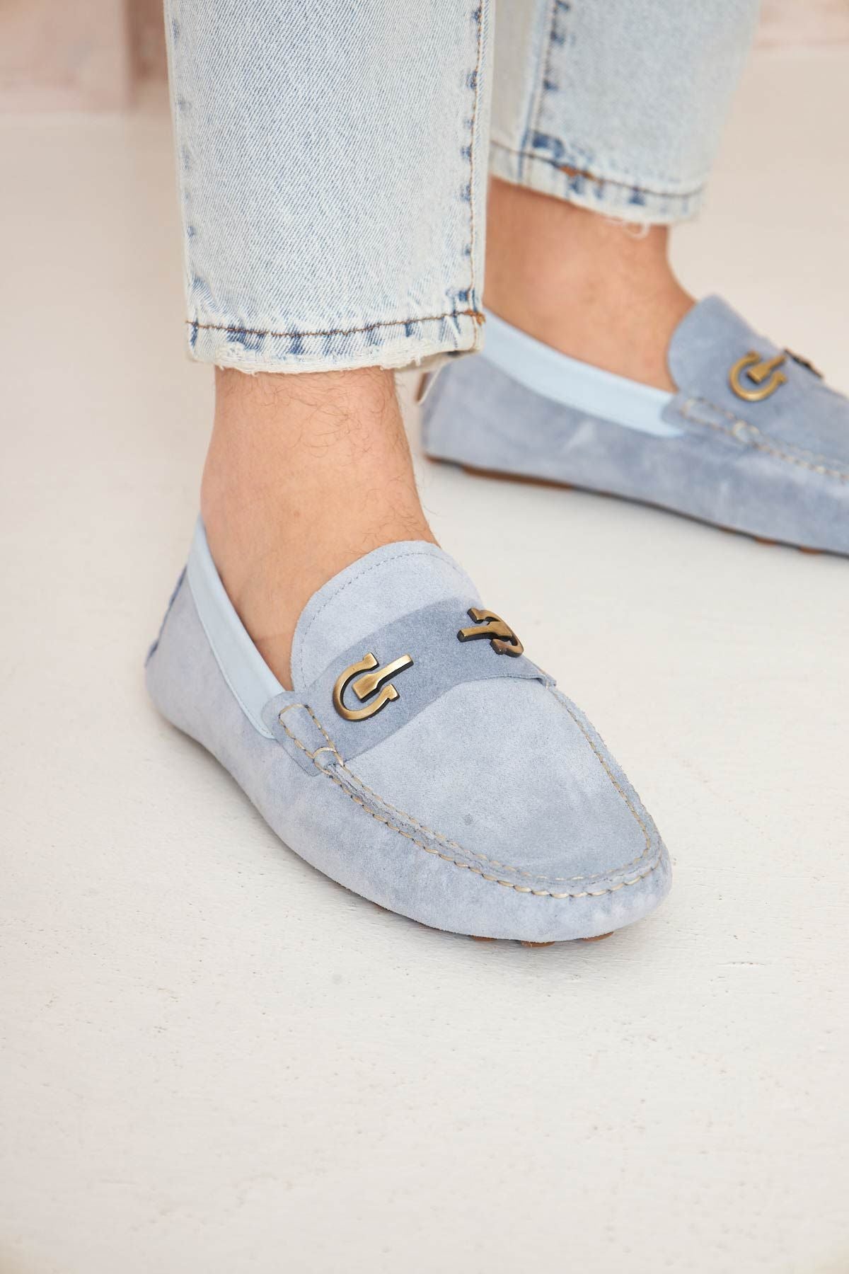 Hakiki Süet Erkek Tokalı Loafer 500909 Açık Mavi