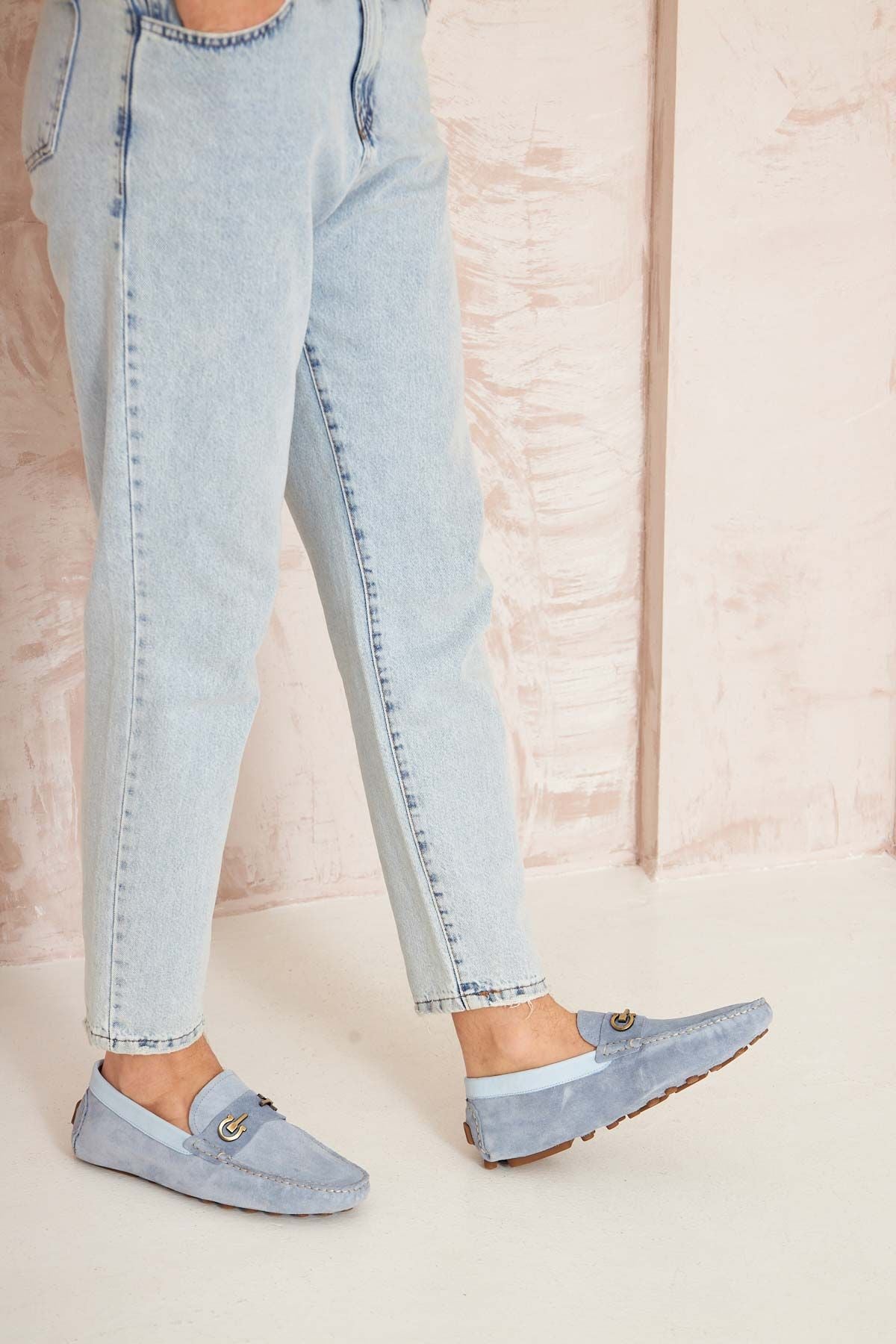 Hakiki Süet Erkek Tokalı Loafer 500909 Açık Mavi