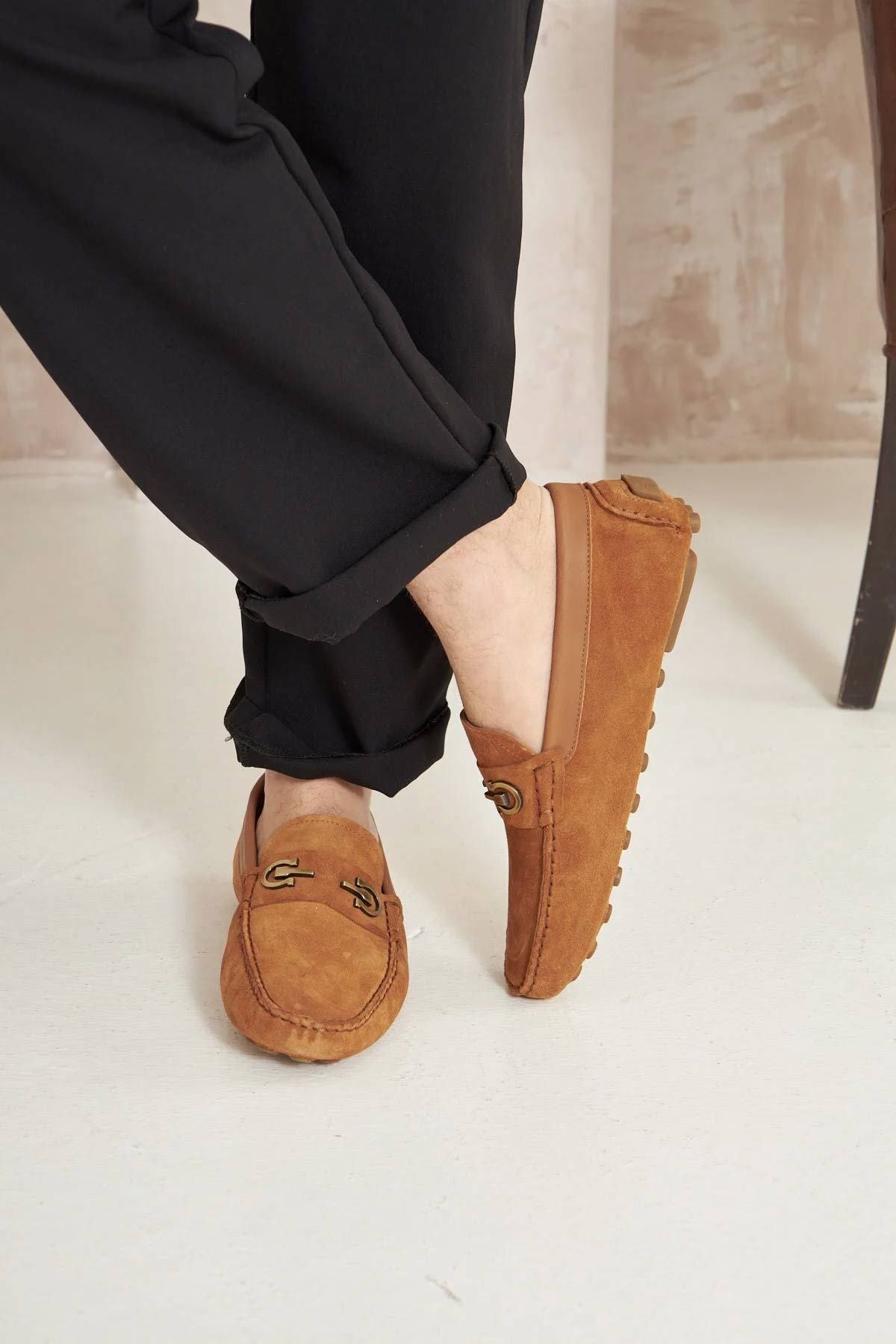 Hakiki Süet Erkek Tokalı Loafer 500909 Taba
