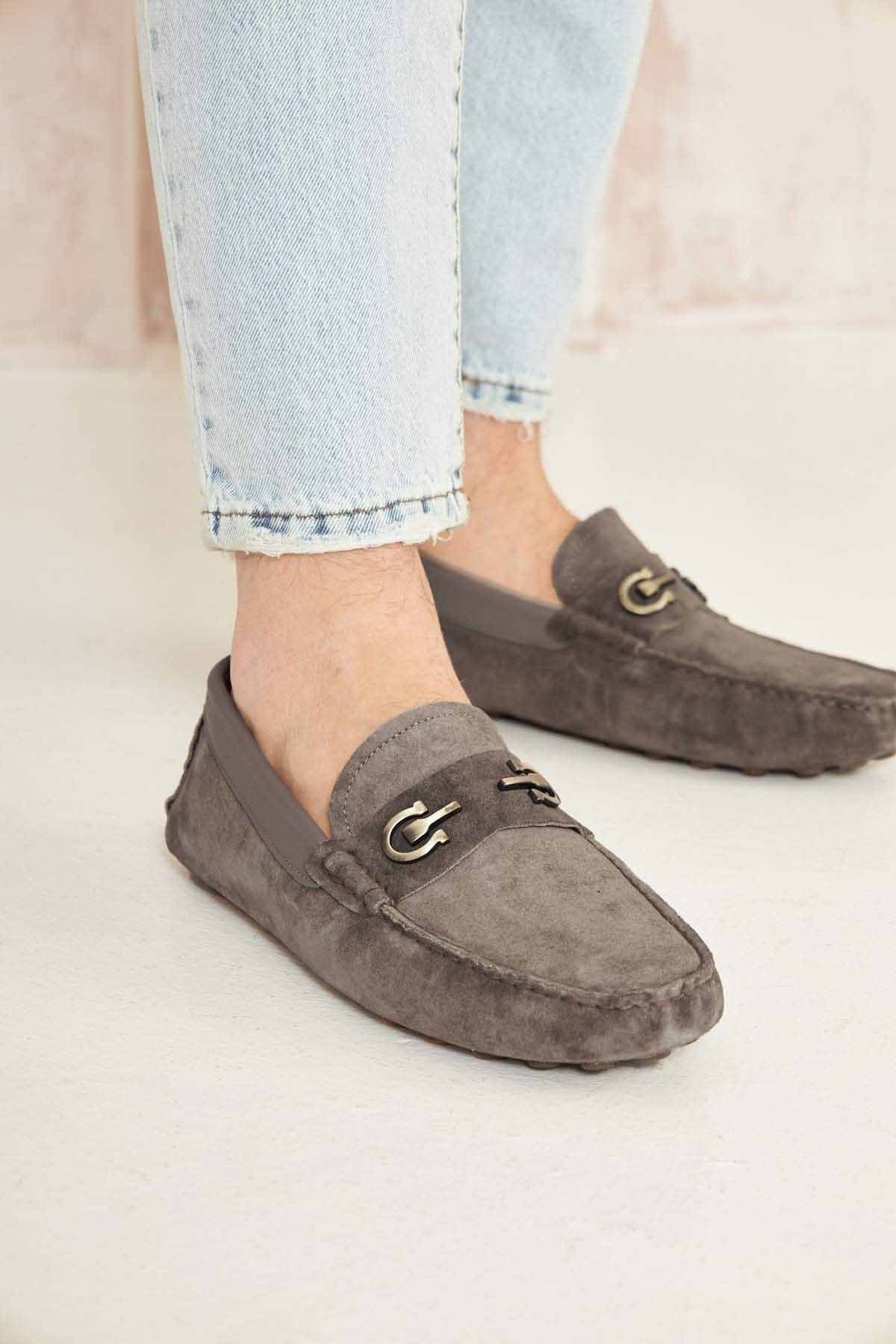 Hakiki Süet Erkek Tokalı Loafer 500909 Gri