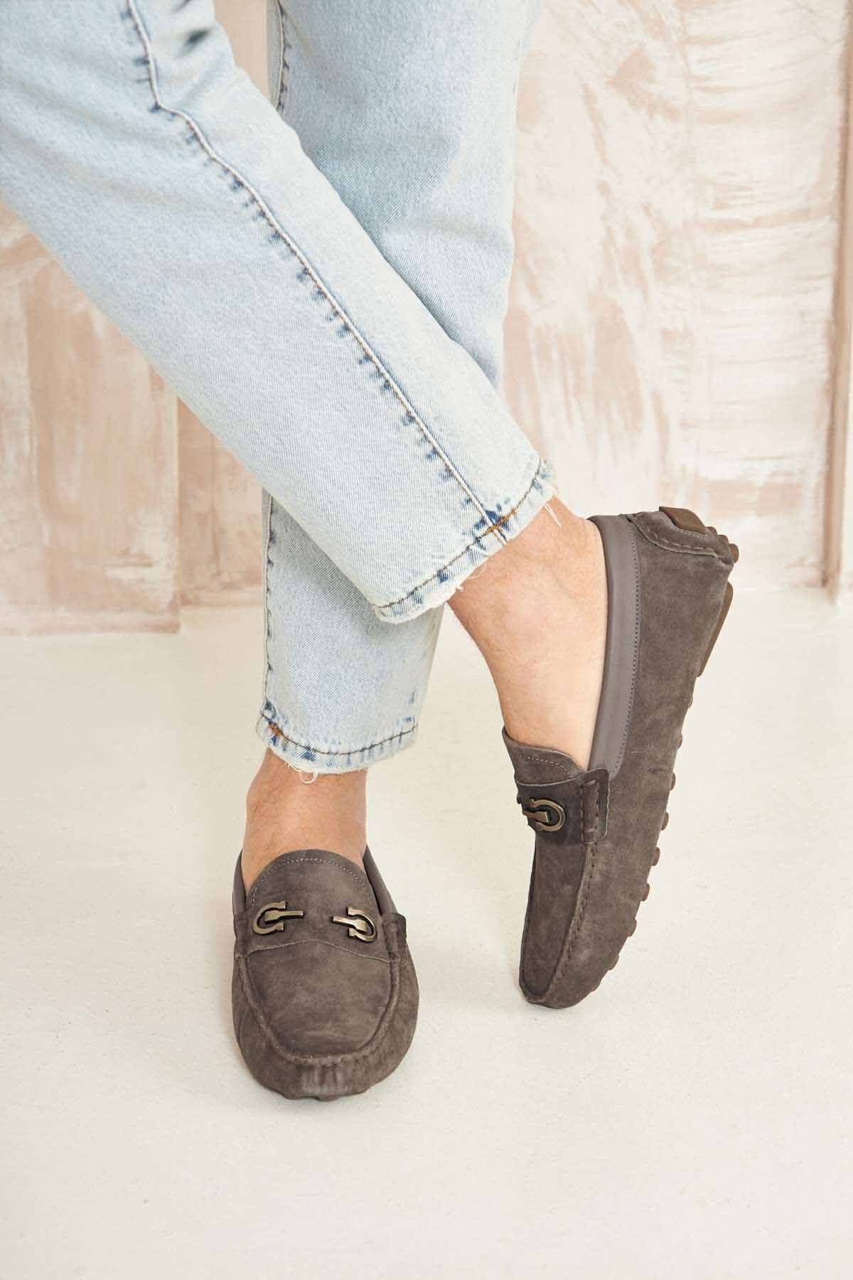Hakiki Süet Erkek Tokalı Loafer 500909 Gri