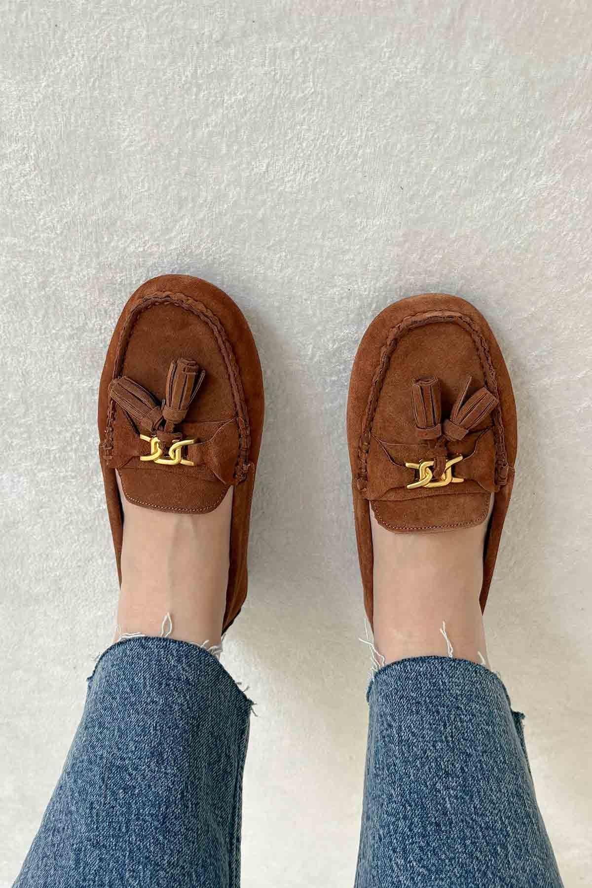 Hakiki Süet Kadın Loafer Ayakkabı 700908 Taba