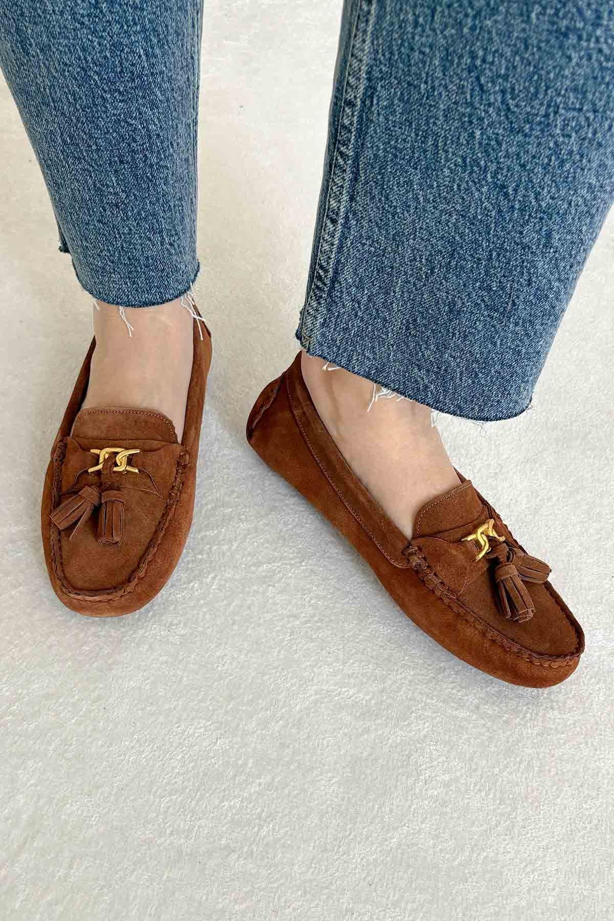 Hakiki Süet Kadın Loafer Ayakkabı 700908 Taba