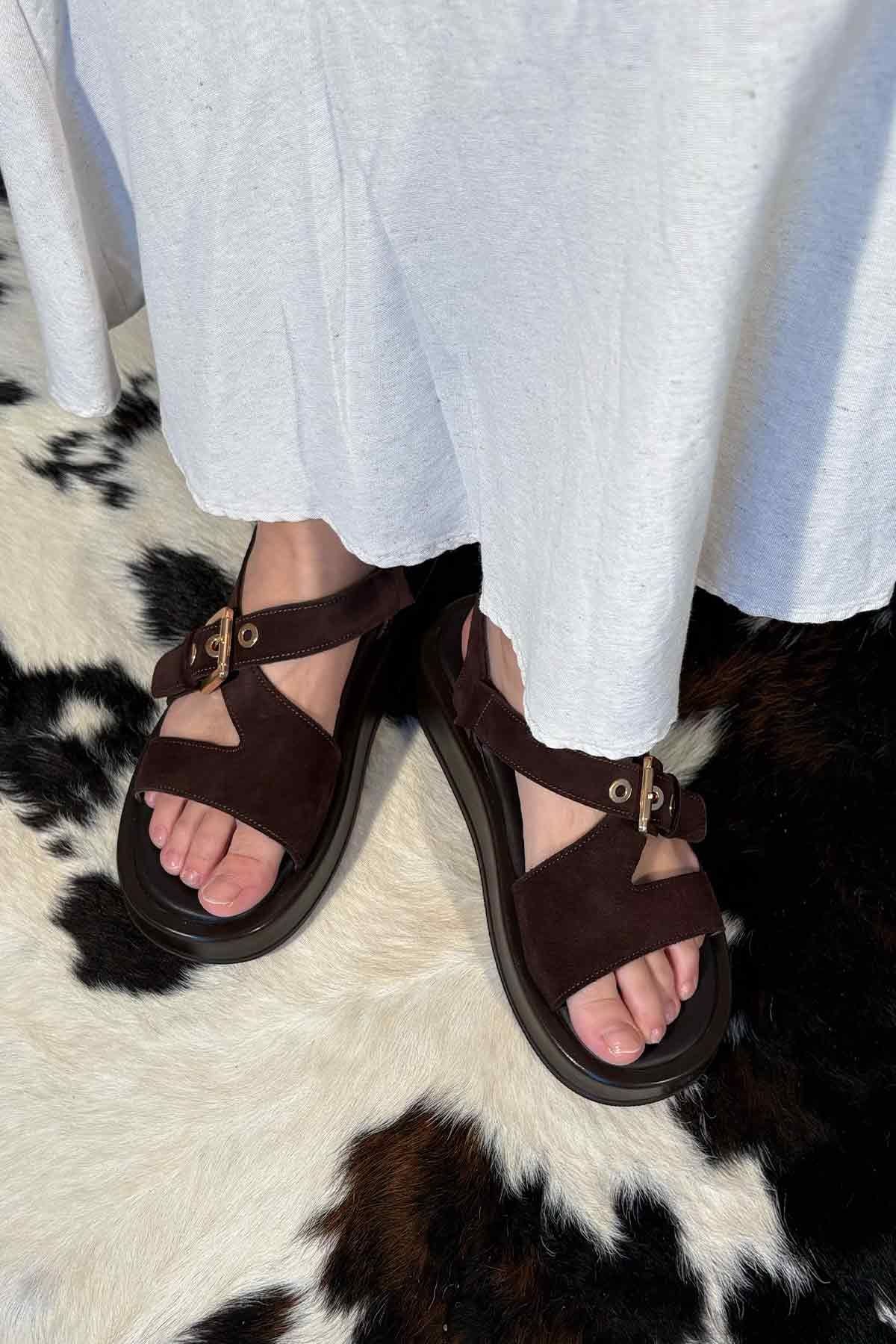 Hakiki Süet Kadın Sandalet DG6092 Kahve