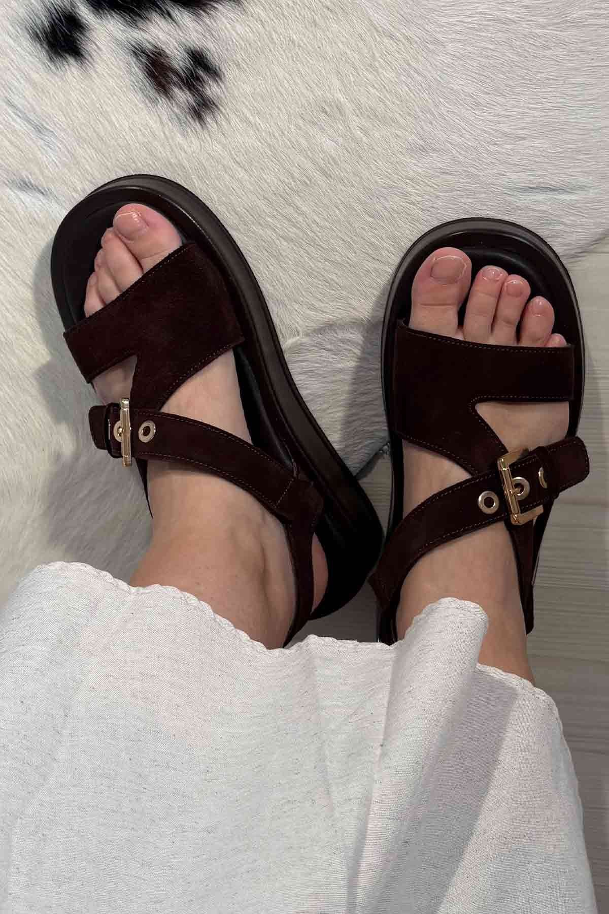 Hakiki Süet Kadın Sandalet DG6092 Kahve