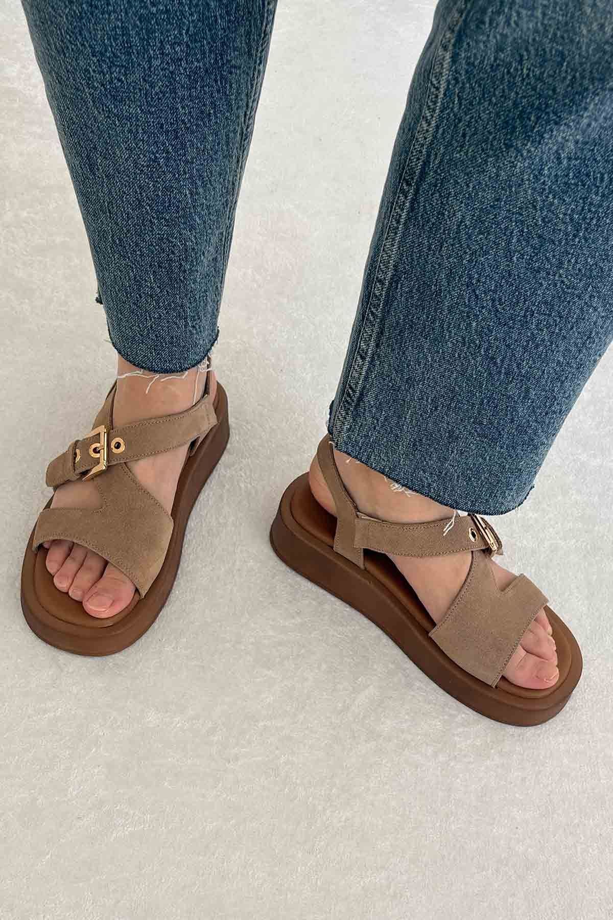 Hakiki Süet Kadın Sandalet DG6092 Kum