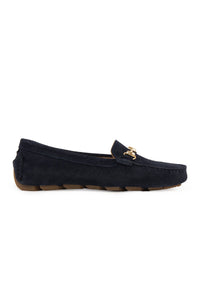 Genuine Suede Women's Buckled Loafers 700914 Navy
