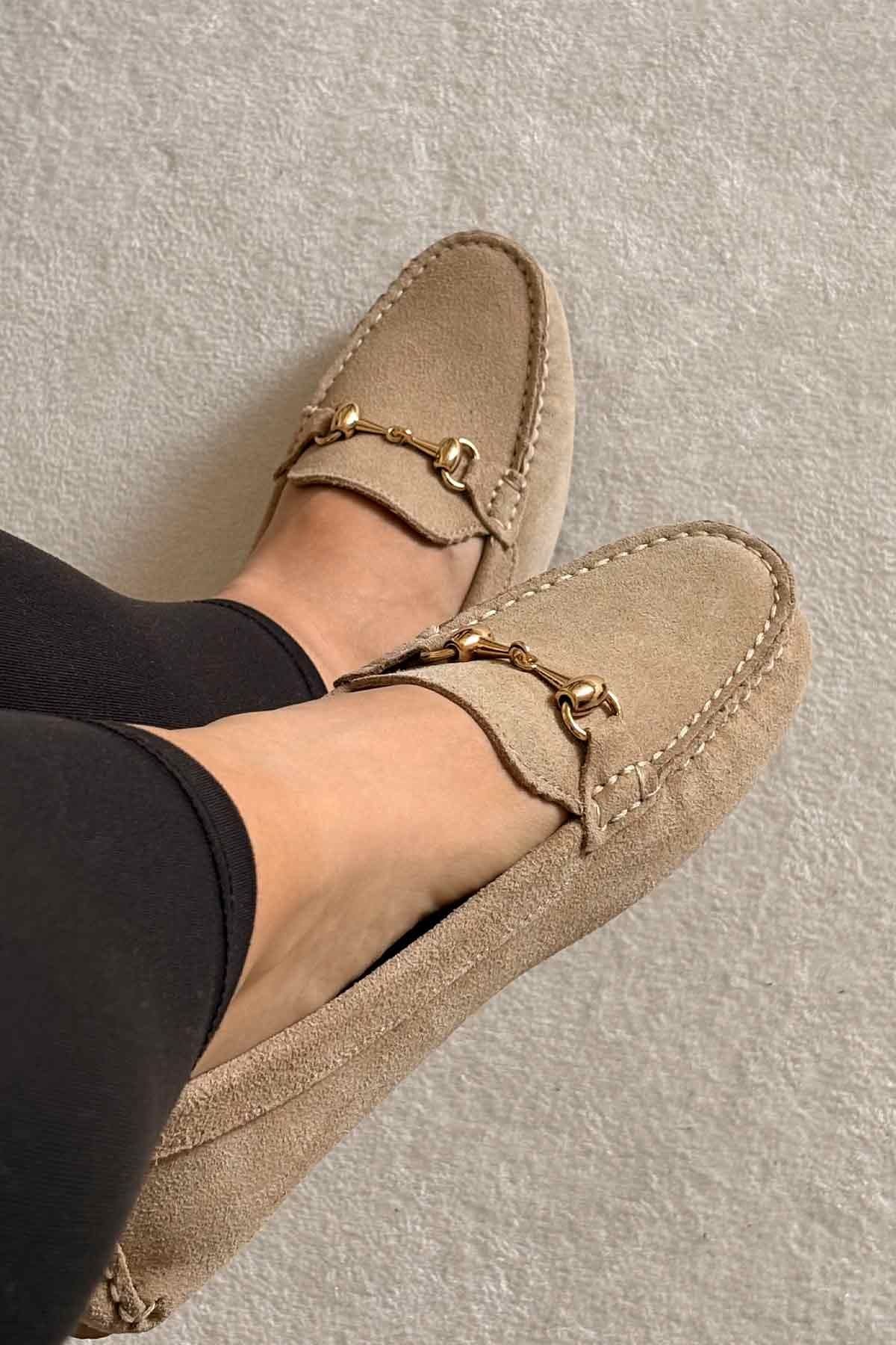 Hakiki Süet Kadın Tokalı Loafer 700914 Bej