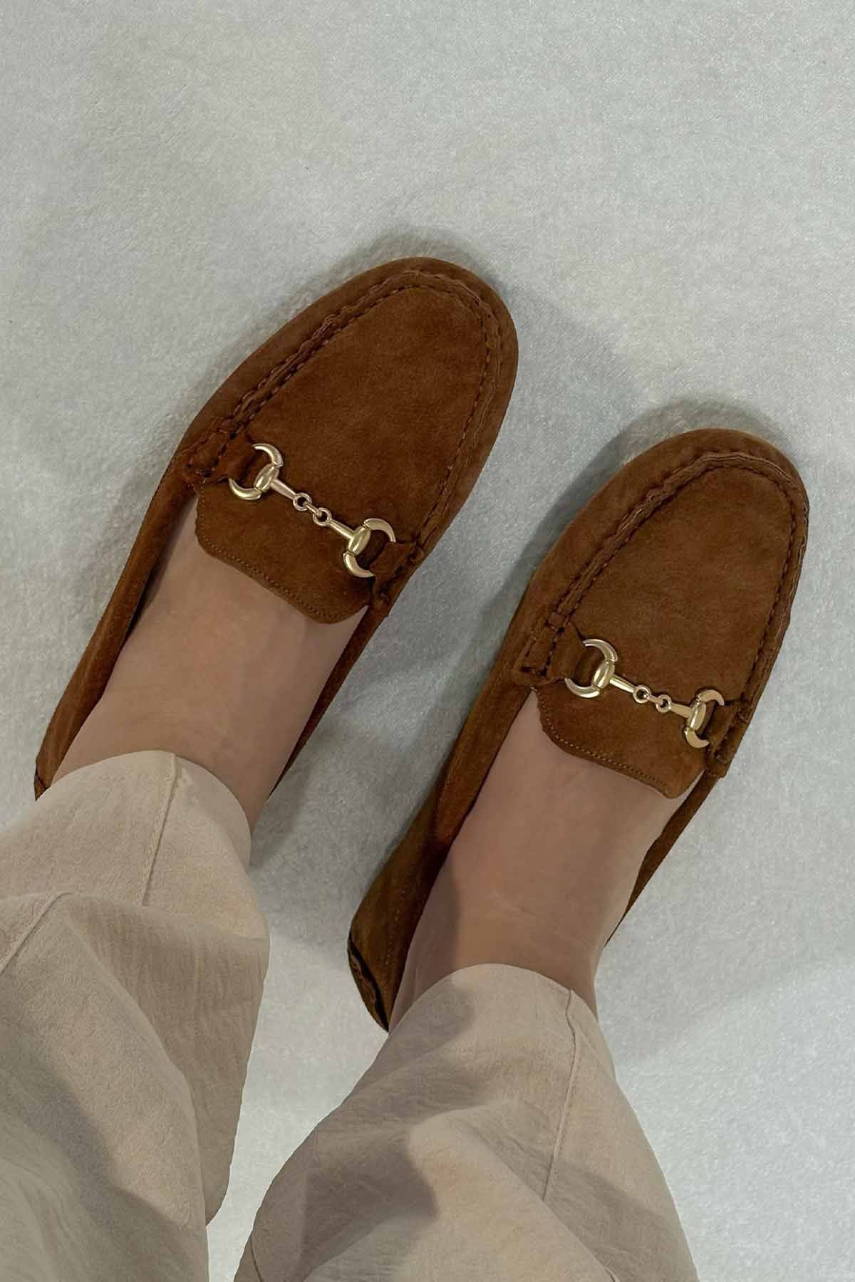 Hakiki Süet Kadın Tokalı Loafer 700914 Taba