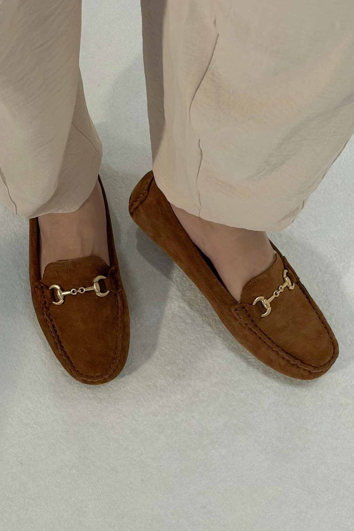 Hakiki Süet Kadın Tokalı Loafer 700914 Taba