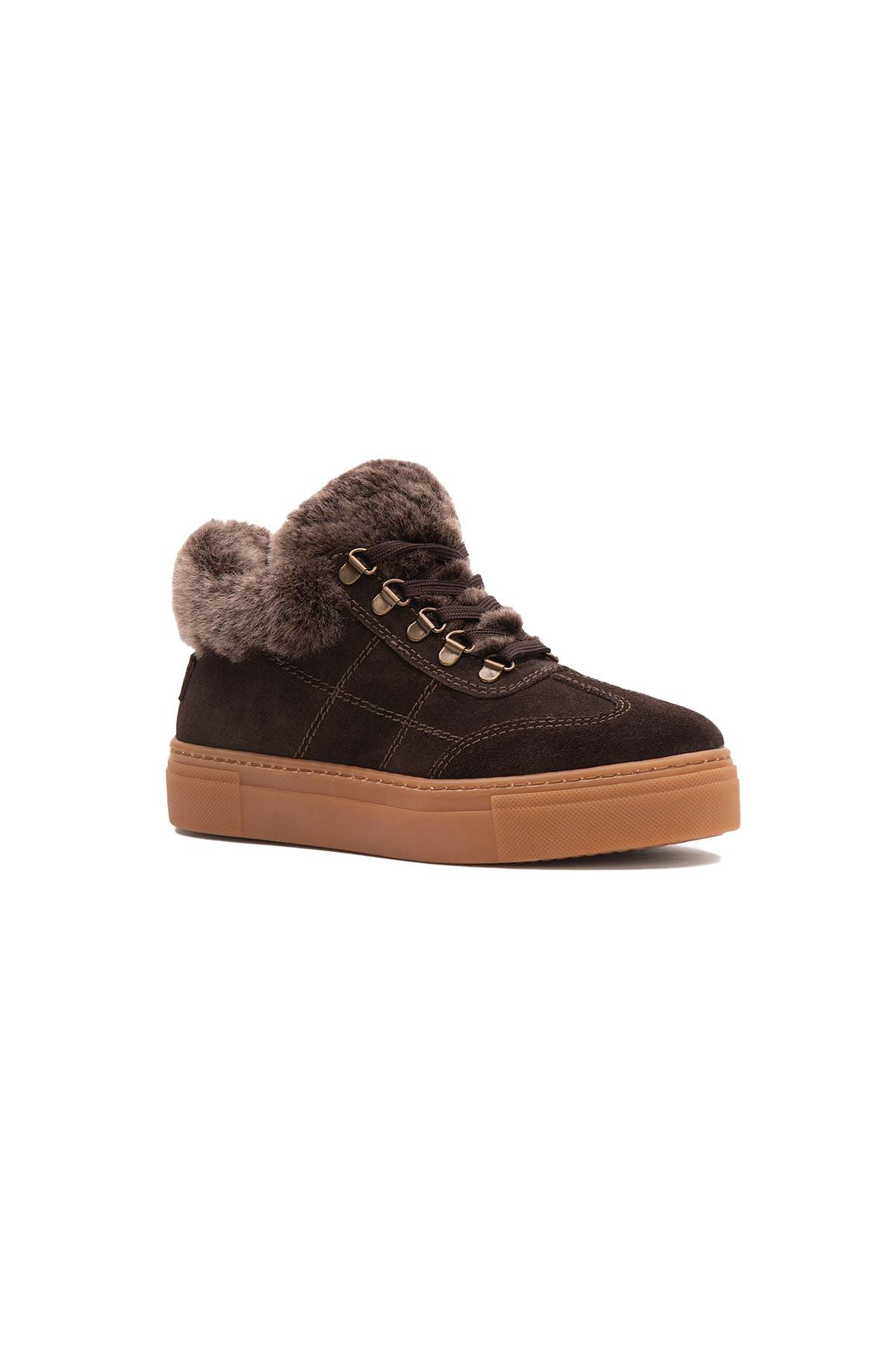 İçi Kürklü Bağcıklı Kadın Sneaker 191350 Kahve