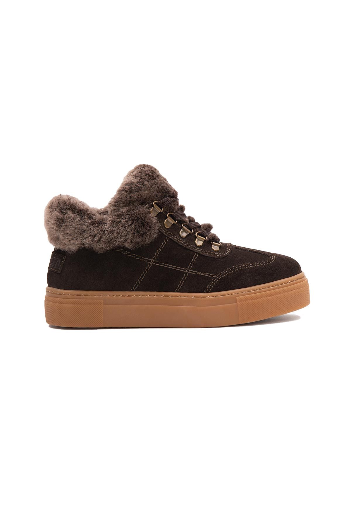 İçi Kürklü Bağcıklı Kadın Sneaker 191350 Kahve