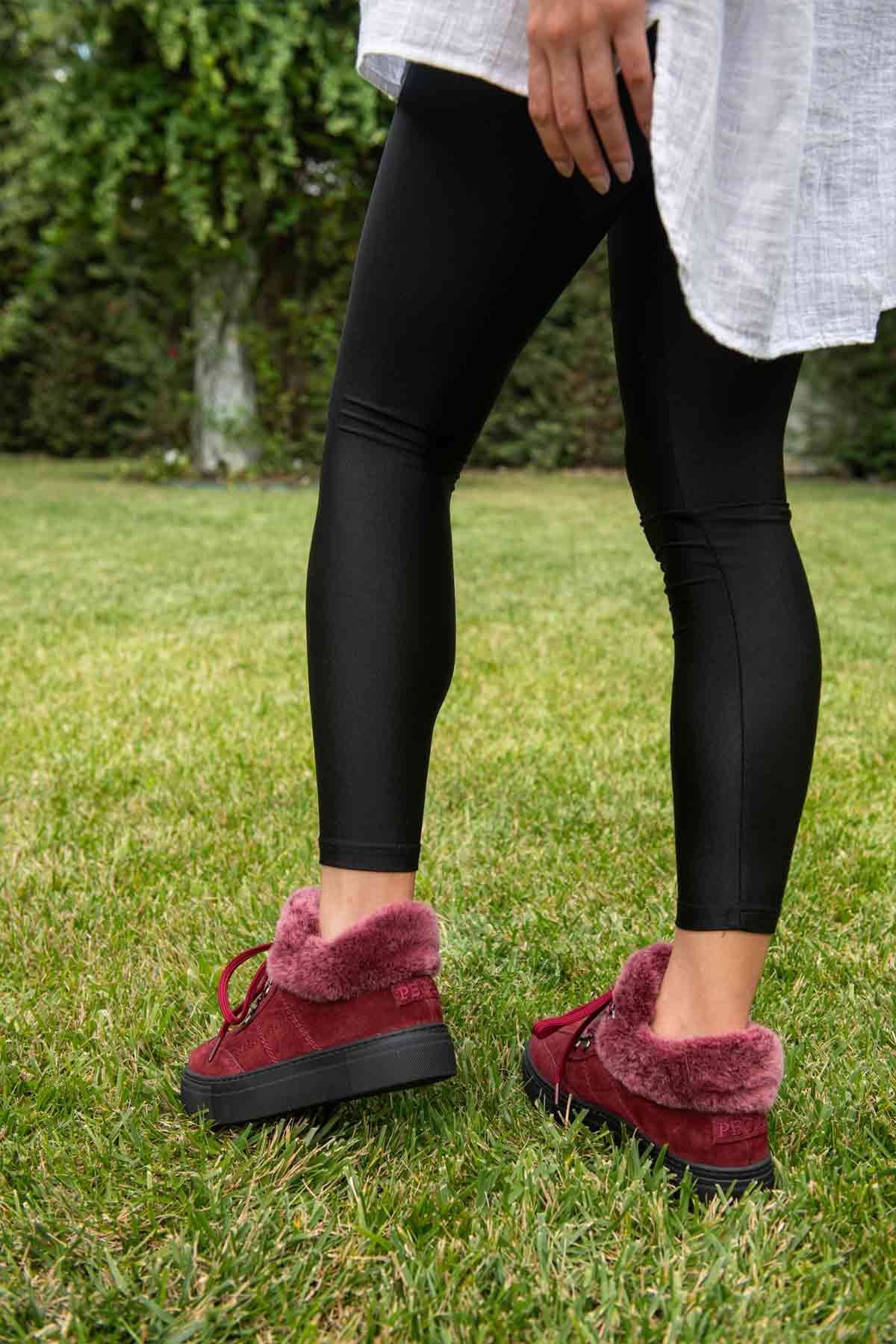 İçi Kürklü Bağcıklı Kadın Sneaker 191350 Bordo