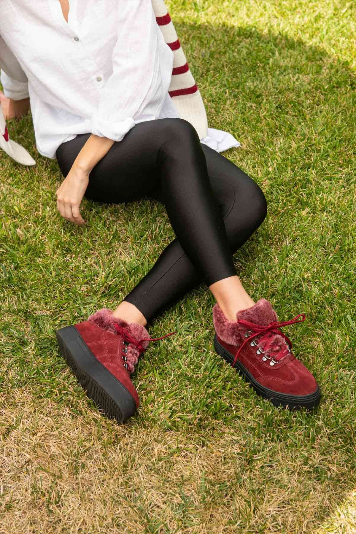 İçi Kürklü Bağcıklı Kadın Sneaker 191350 Bordo