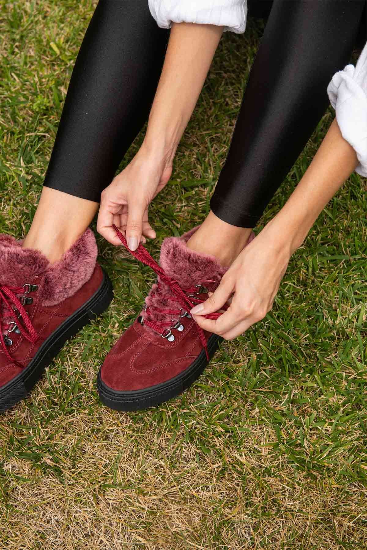 İçi Kürklü Bağcıklı Kadın Sneaker 191350 Bordo