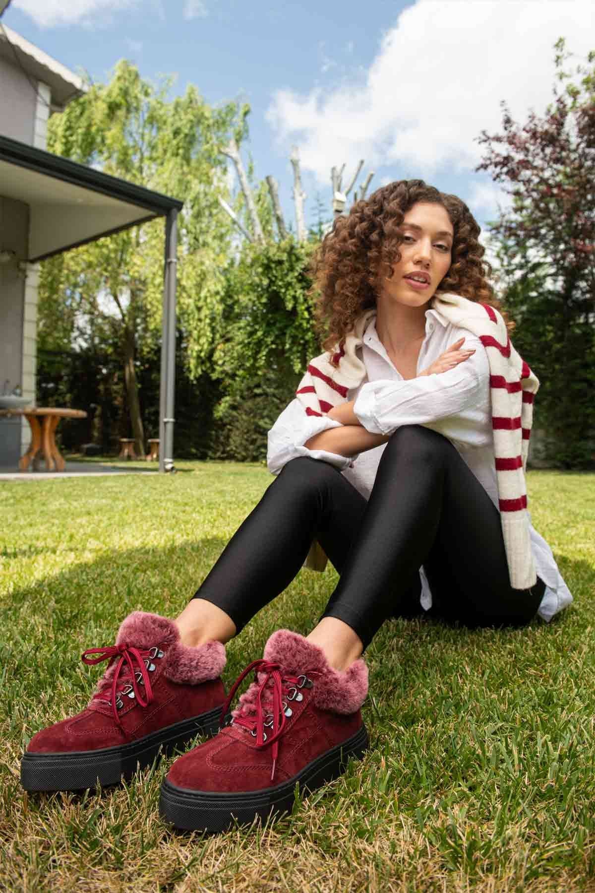 İçi Kürklü Bağcıklı Kadın Sneaker 191350 Bordo
