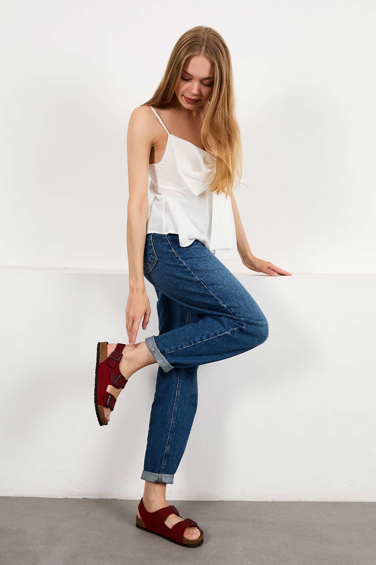 Kadın Bantlı Deri Sandalet 215515 Kırmızı