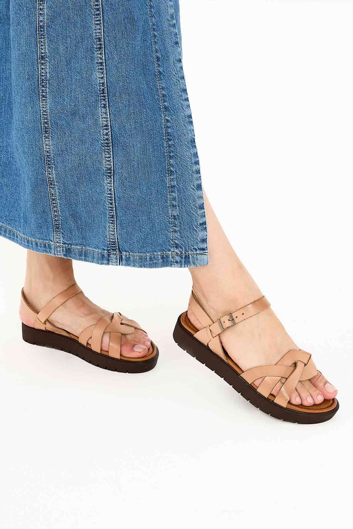 Kadın Deri Sandalet DG6004 Taba