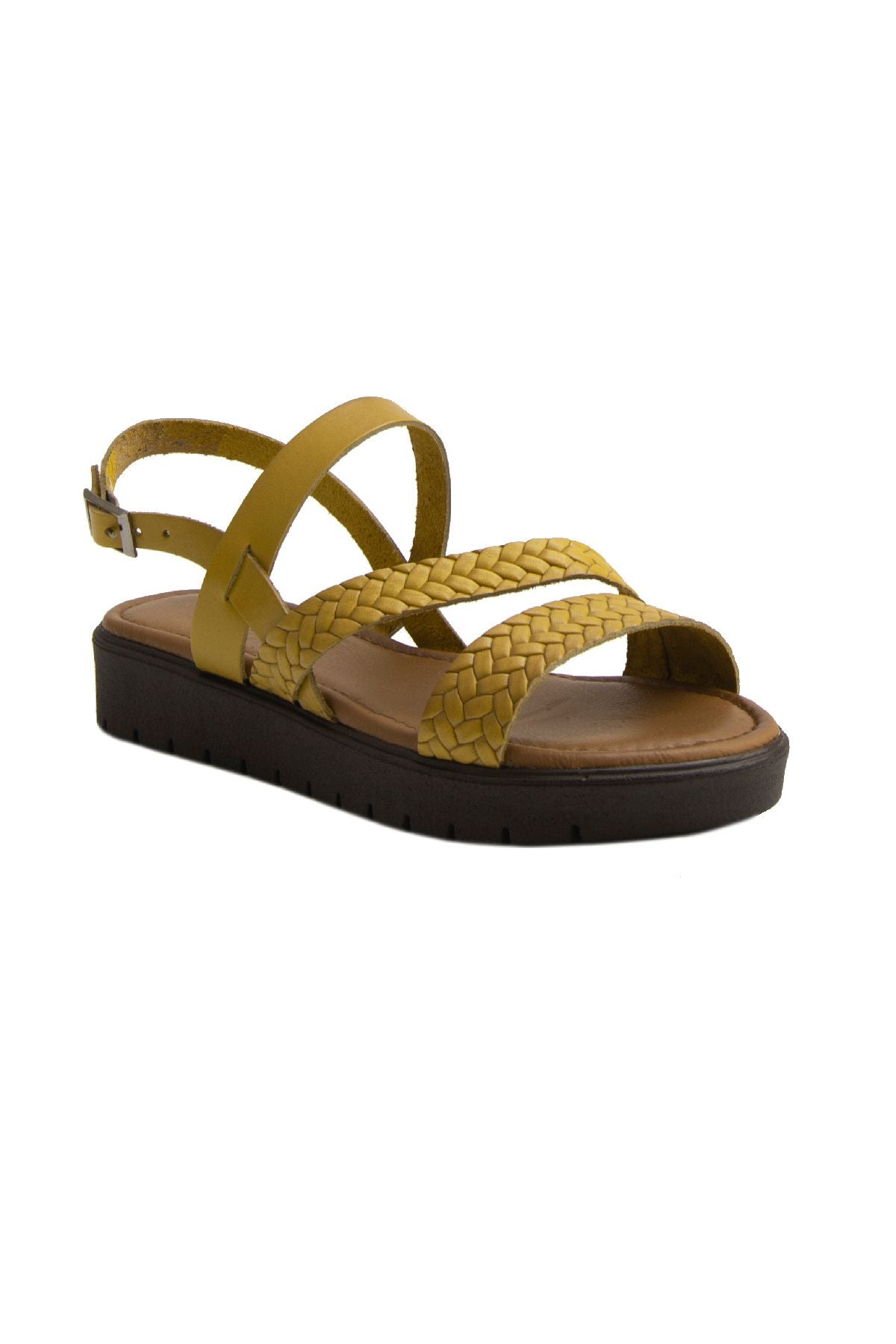 Kadın Örgülü Deri Sandalet DG6018 Sarı