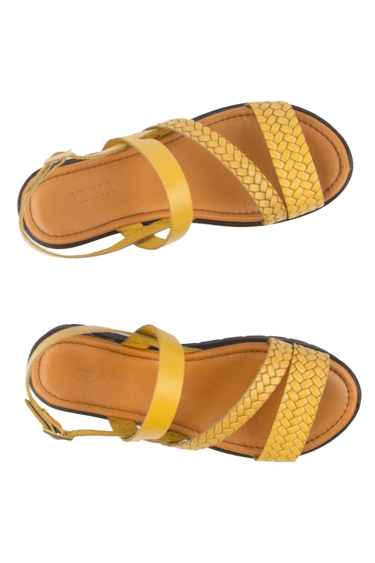 Kadın Örgülü Deri Sandalet DG6060 Sarı