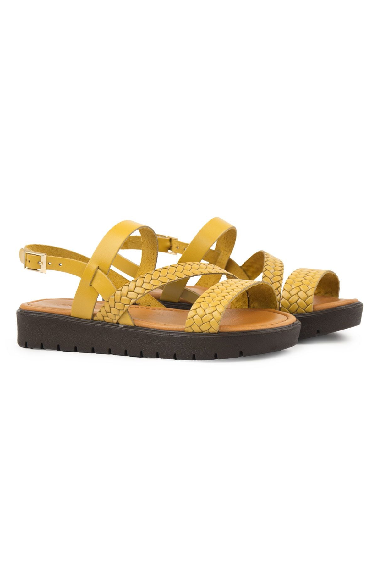 Kadın Örgülü Deri Sandalet DG6060 Sarı