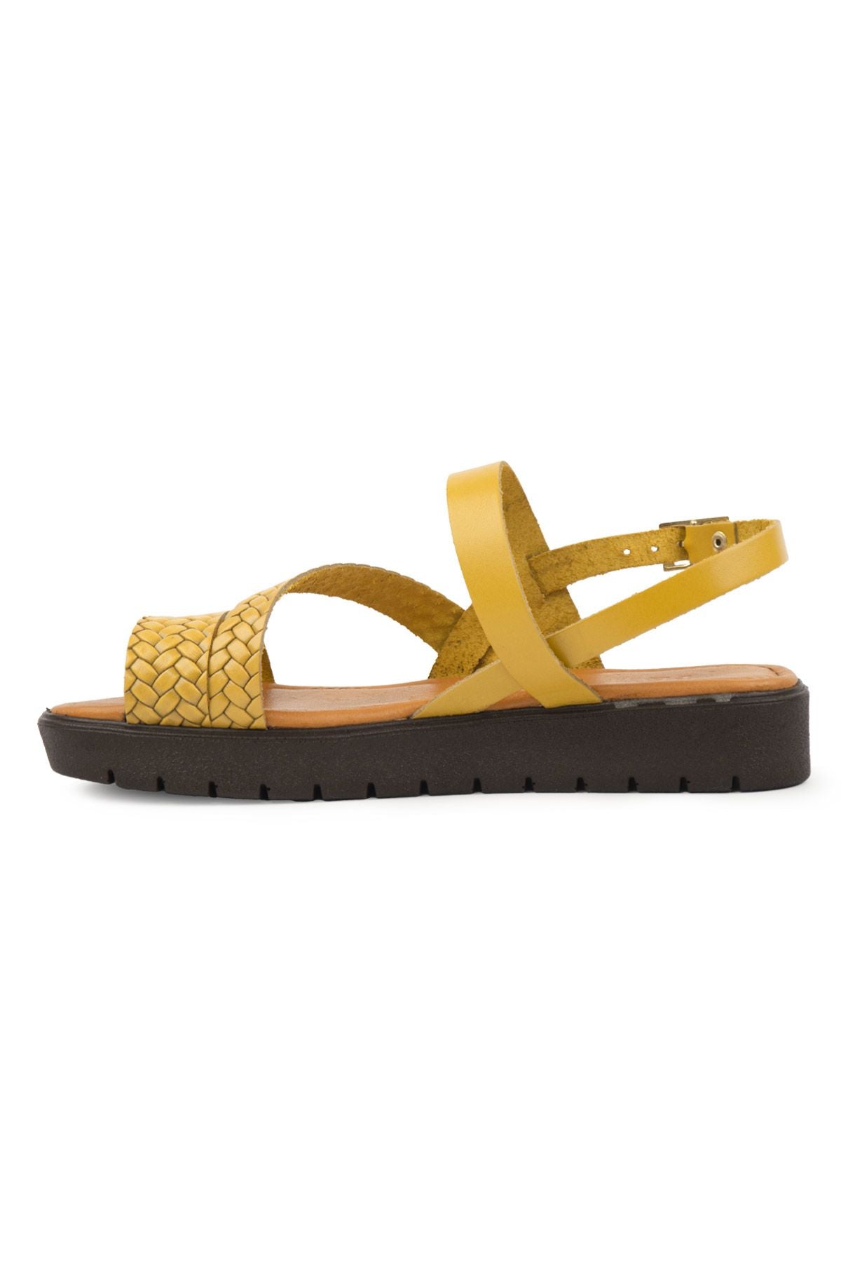 Kadın Örgülü Deri Sandalet DG6060 Sarı