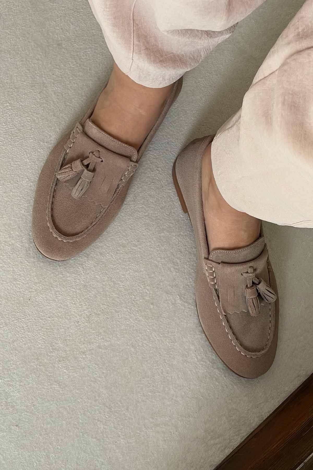 Kadın Süet Loafer Ayakkabı DG6028 Bej