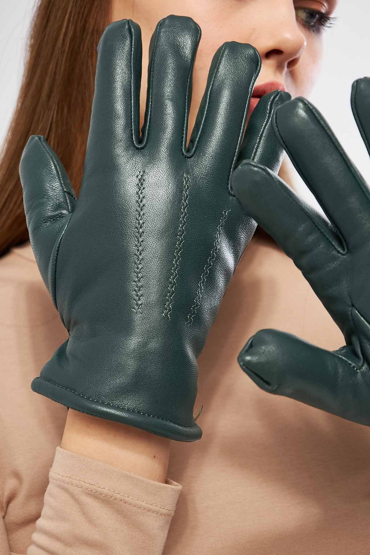 Kürklü Unisex Deri Eldiven 23EL01 Haki