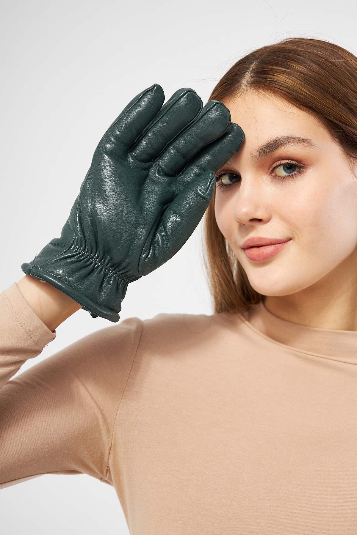 Kürklü Unisex Deri Eldiven 23EL01 Haki