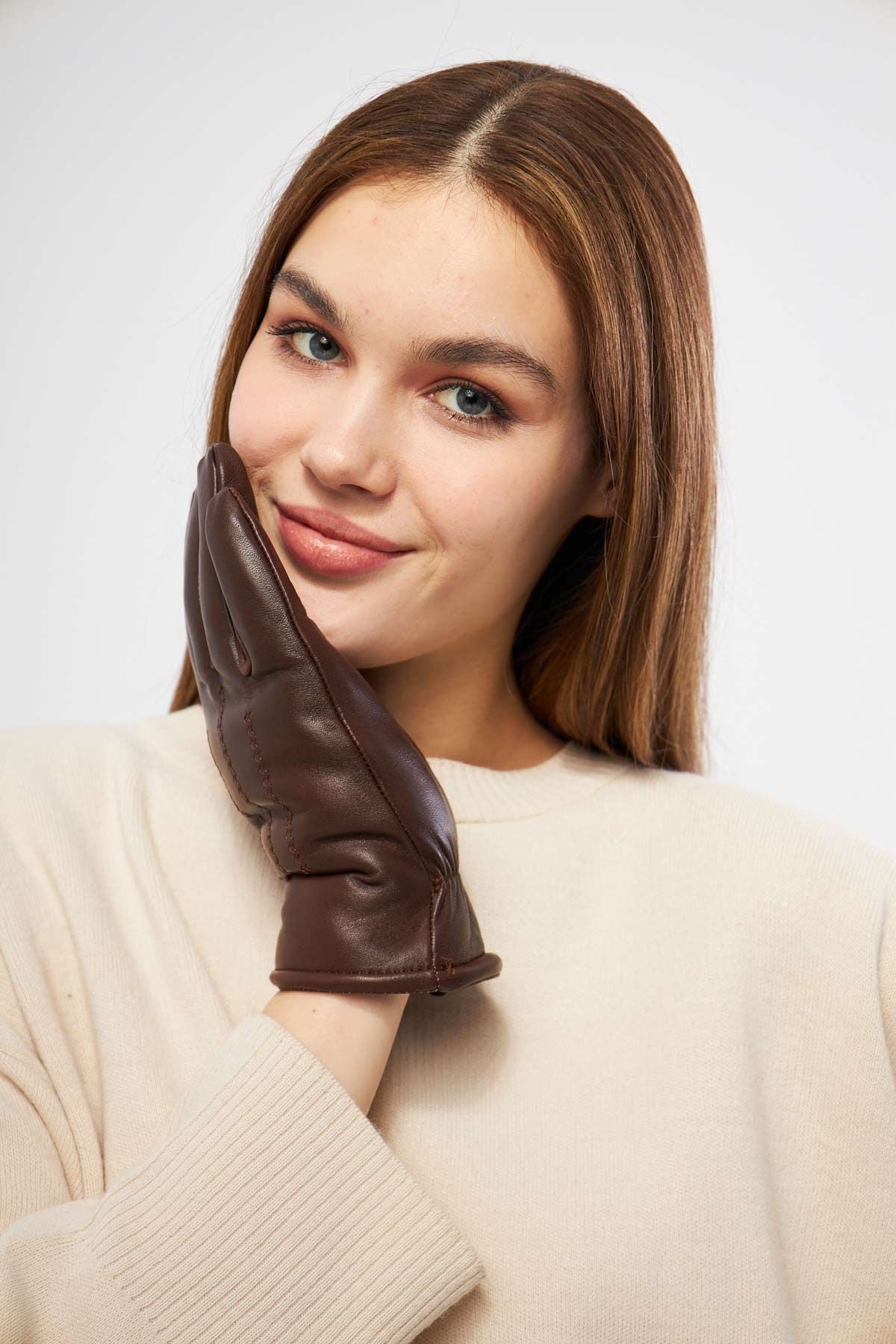Kürklü Unisex Deri Eldiven 23EL01 Kahve