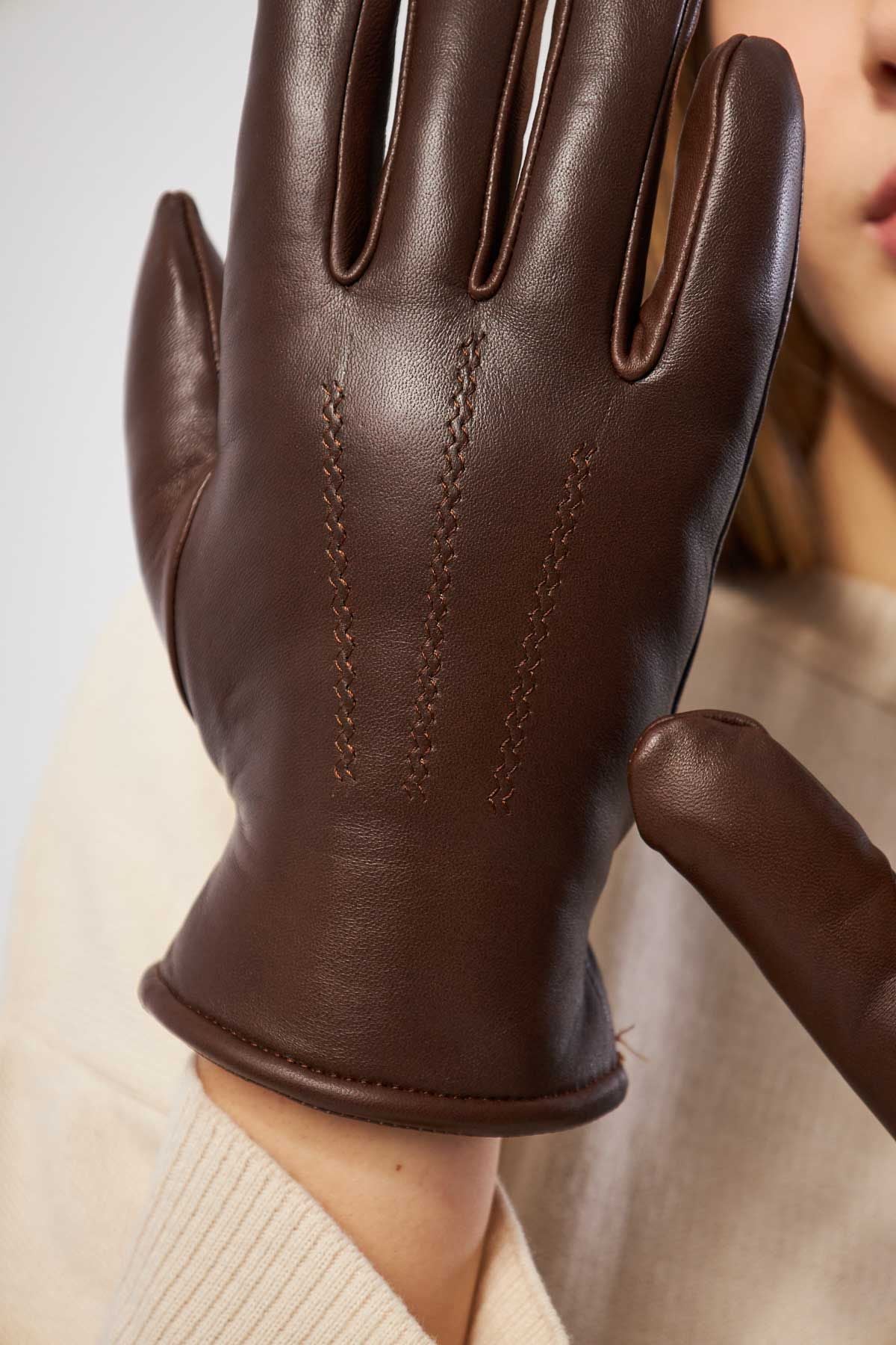 Kürklü Unisex Deri Eldiven 23EL01 Kahve