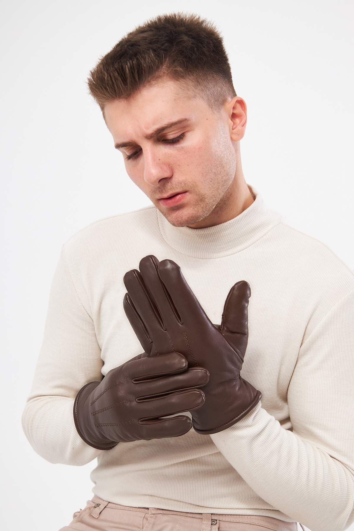 Kürklü Unisex Deri Eldiven 23EL01 Kahve