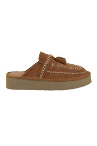 Women's Suede Clog Slippers with Tassels 215573 Tobacco
