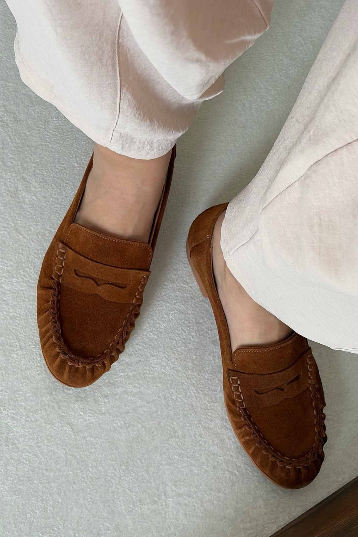 Süet Dikiş Detaylı Loafer DG6109 Taba