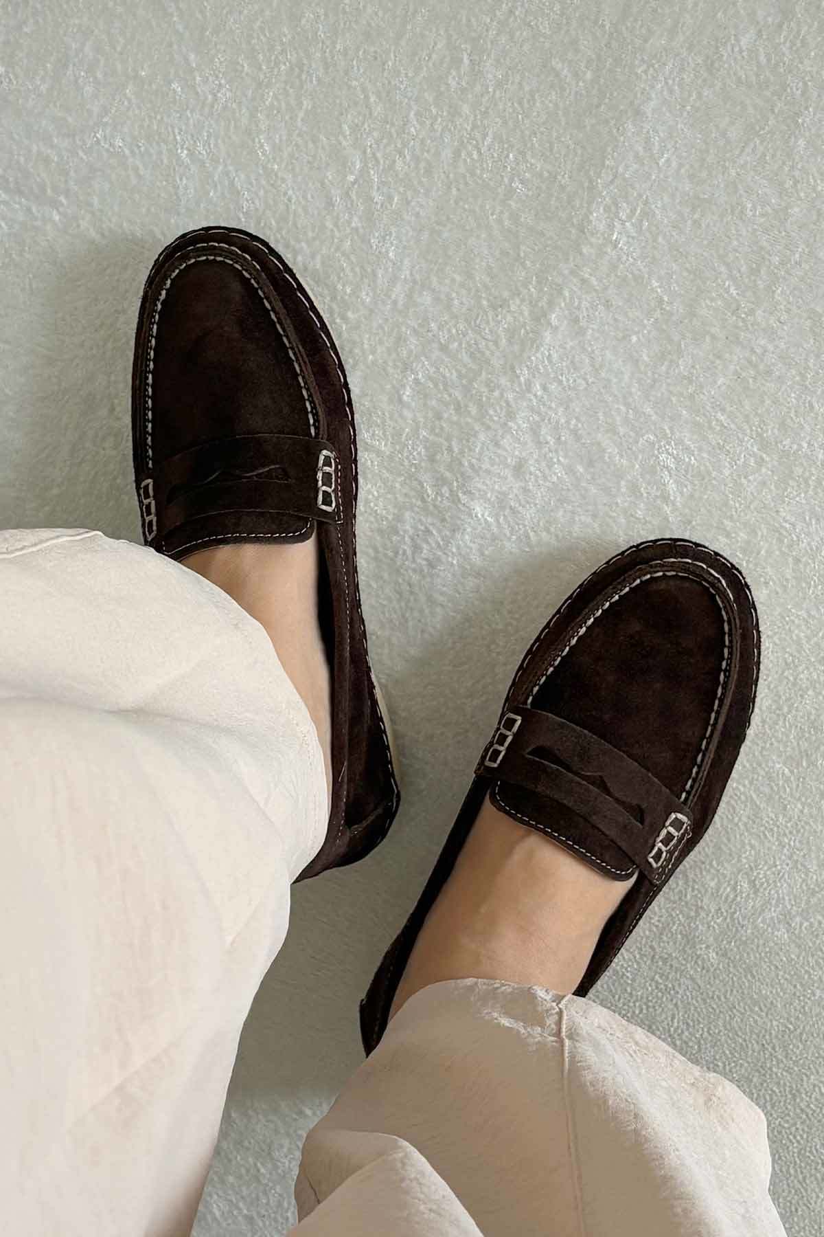 Süet Klasik Kadın Loafer DG6107 Kahve