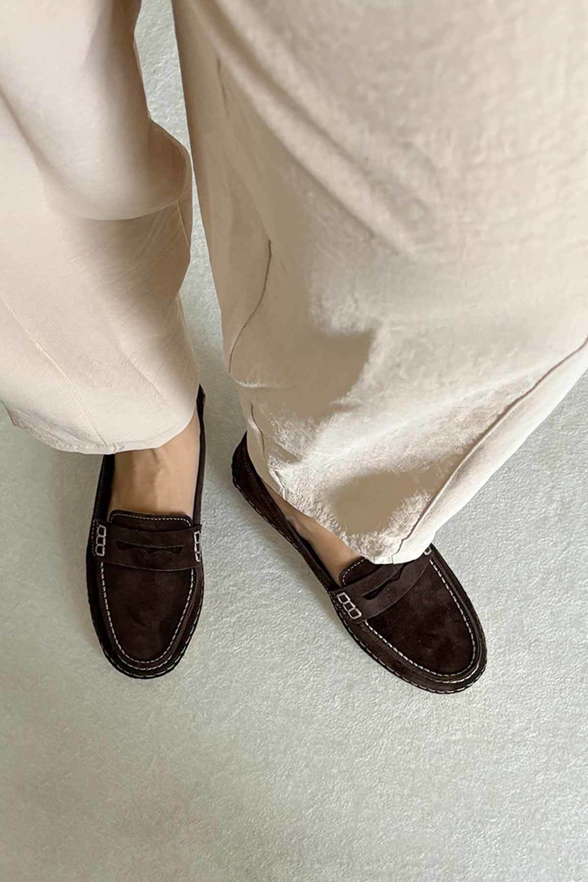 Süet Klasik Kadın Loafer DG6107 Kahve