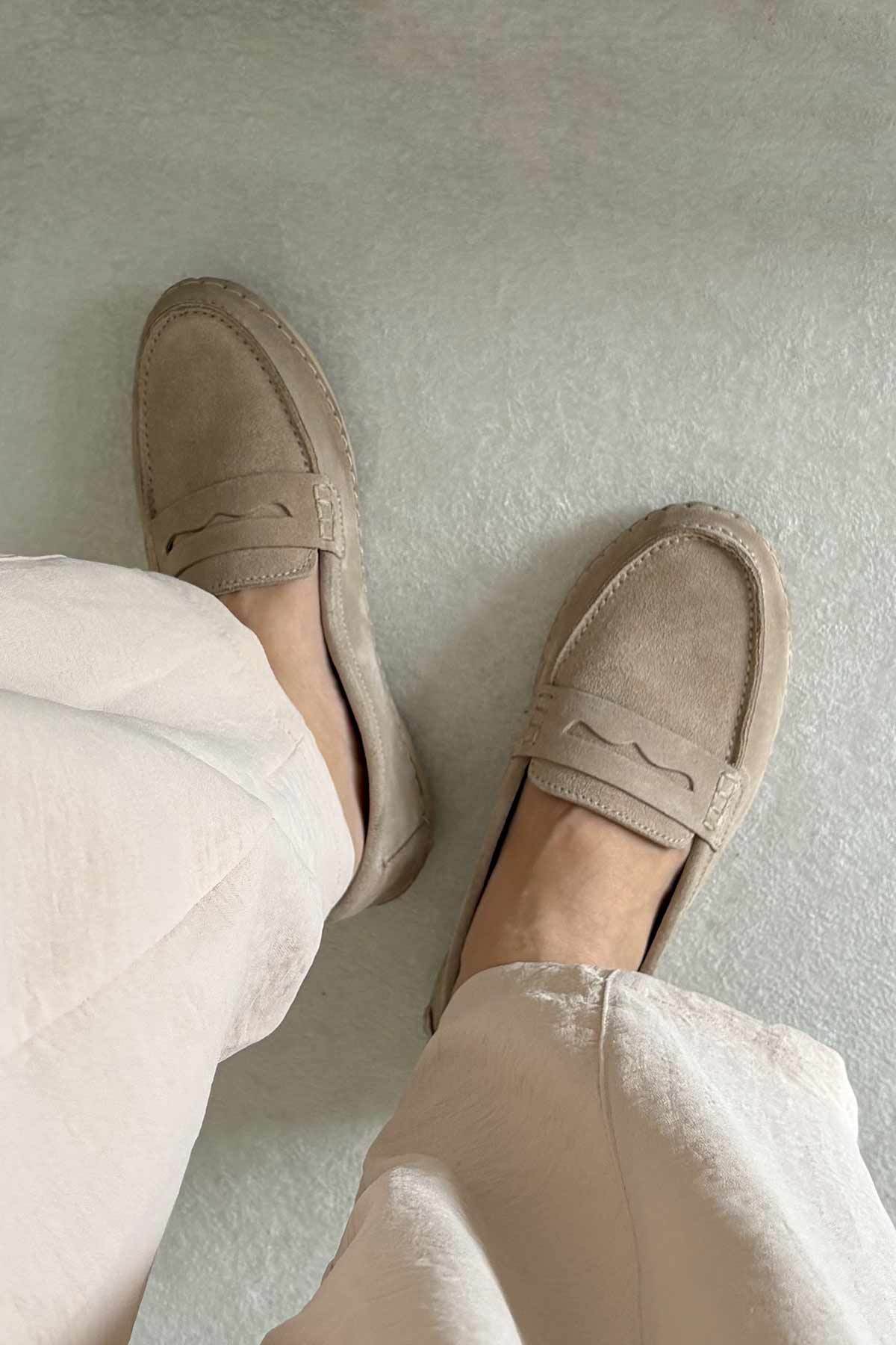 Süet Klasik Kadın Loafer DG6107 Bej