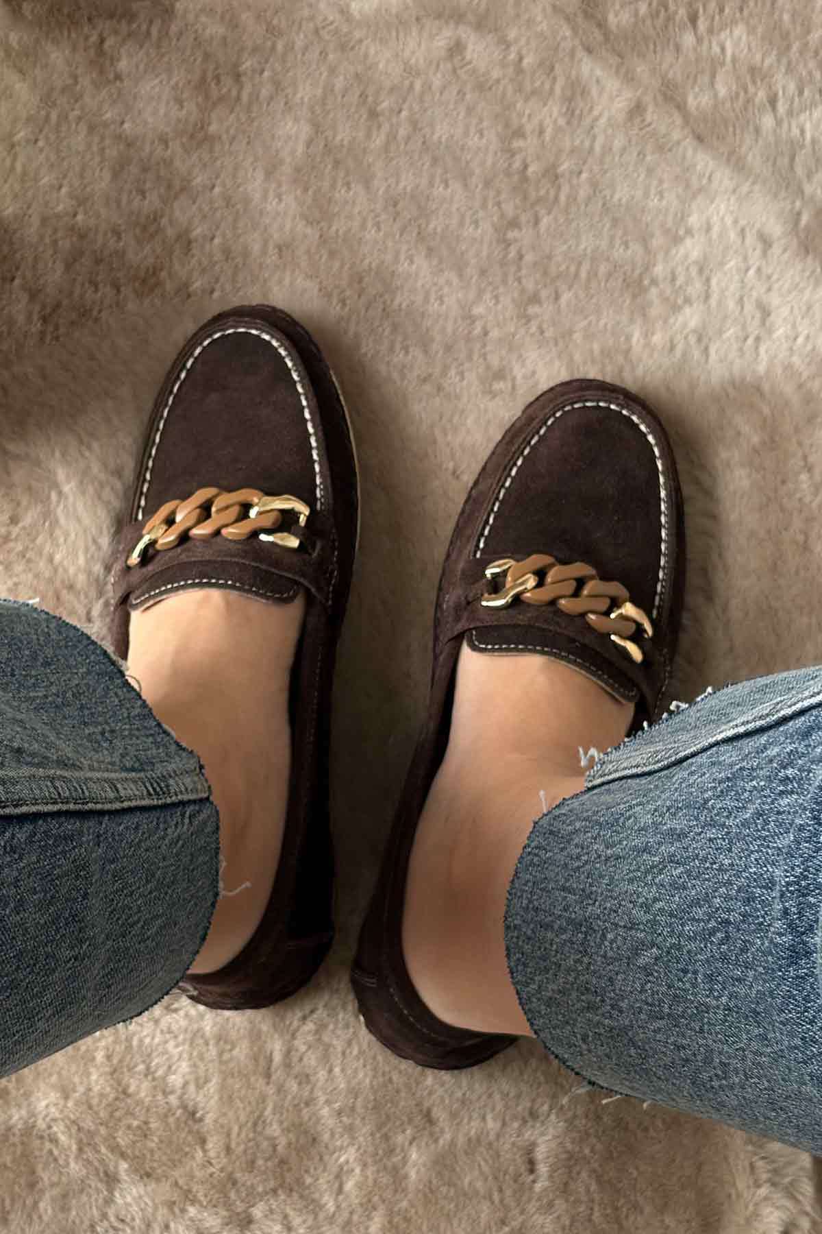 Süet Zincir Detaylı Loafer DG6105 Kahve