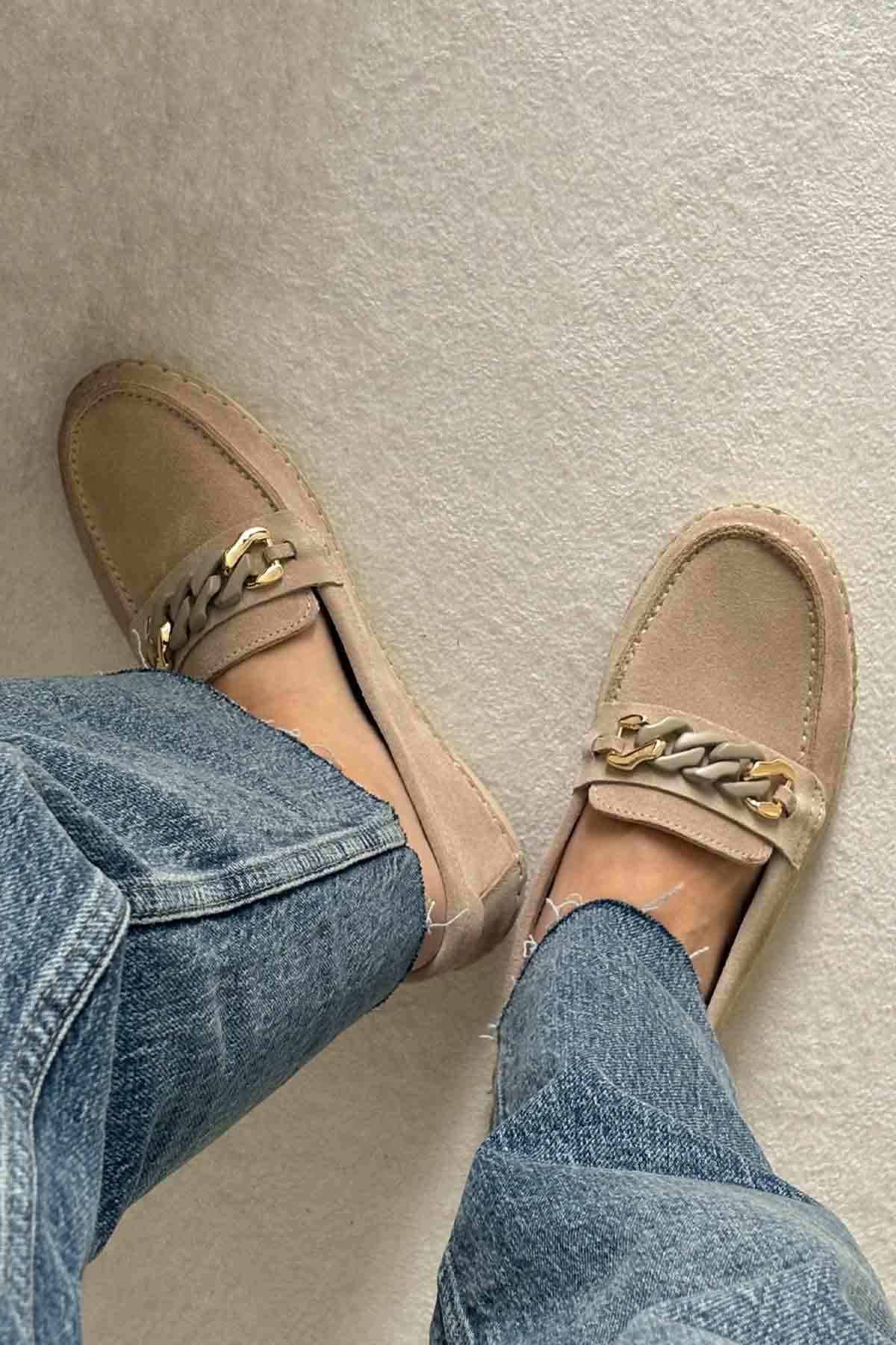 Süet Zincir Detaylı Loafer DG6105 Bej