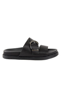 Buckle Leather Women's Slippers 215564 Black