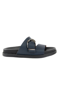 Buckle Leather Women's Slippers 215564 Navy