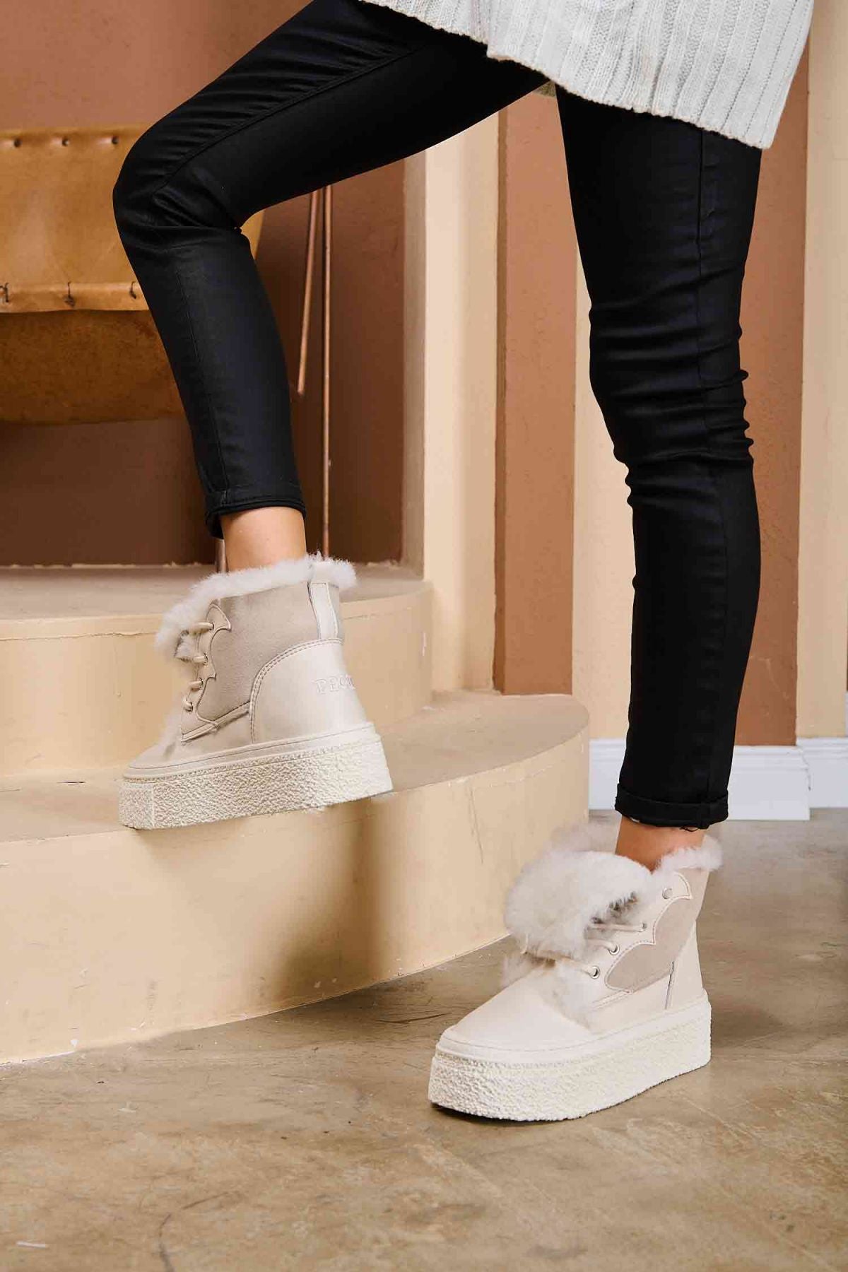 Yüksek Taban Kadın Sneaker 191351 Bej