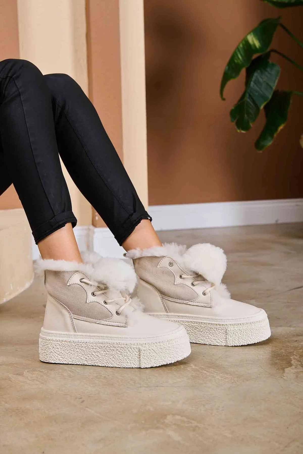 Yüksek Taban Kadın Sneaker 191351 Bej