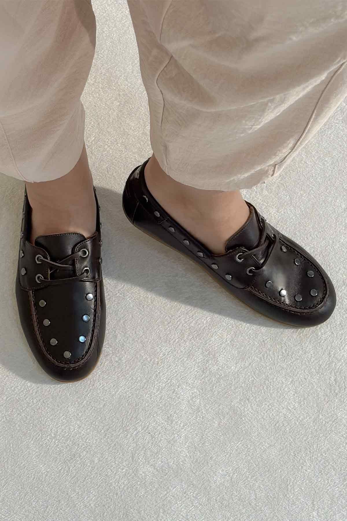 Zımbalı Deri Kadın Loafer 700921 Kahve