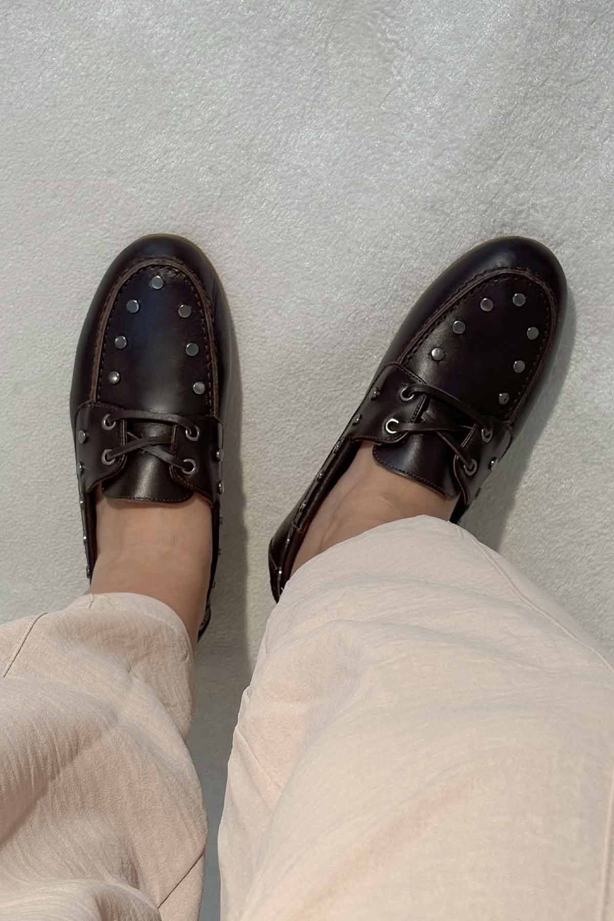Zımbalı Deri Kadın Loafer 700921 Kahve